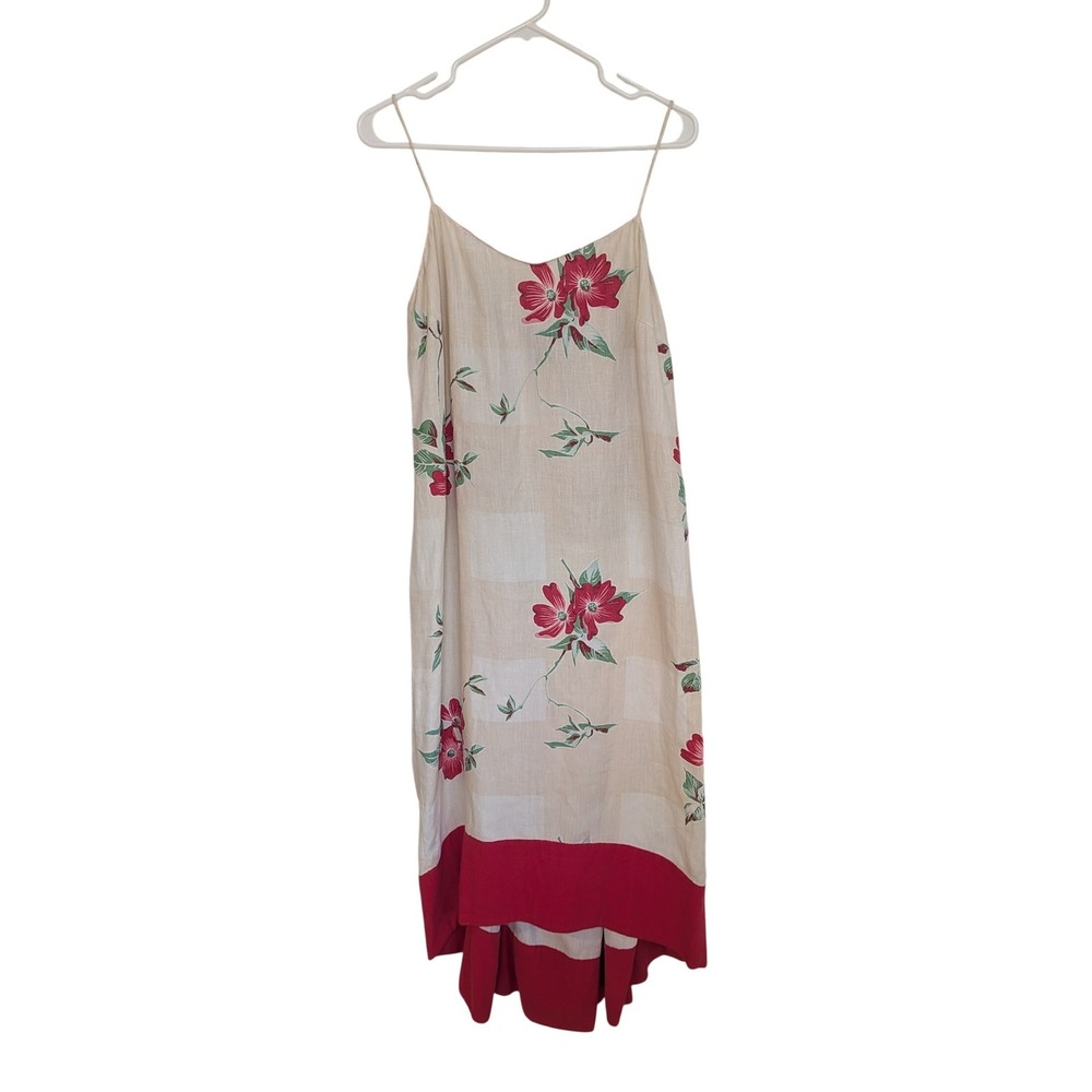 Vintage 90s DKNY 100% Linen Floral High Low Slip Dress Checkered Red Cream 12